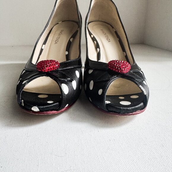 Ramon Tanza Black White Polka Dots Heart Detail PIn up Heels 9M - Picture 7 of 11